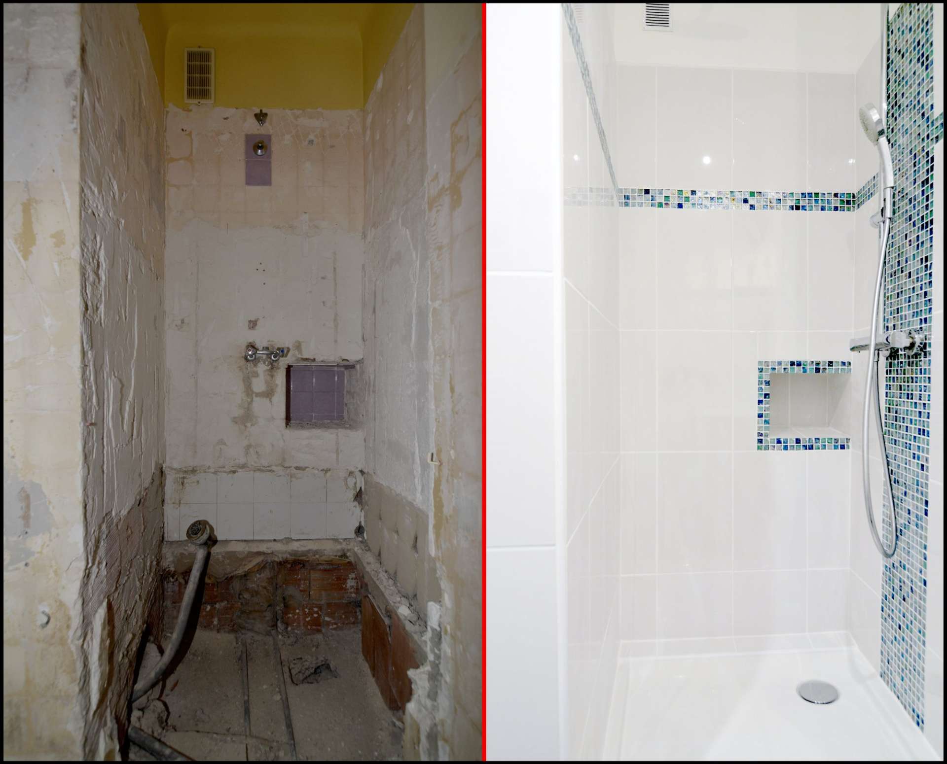 Comparaison avant/après d'une douche : à gauche une pièce en travaux aux murs bruts, à droite la même douche carrelée de blanc avec une bande de mosaïque bleue.